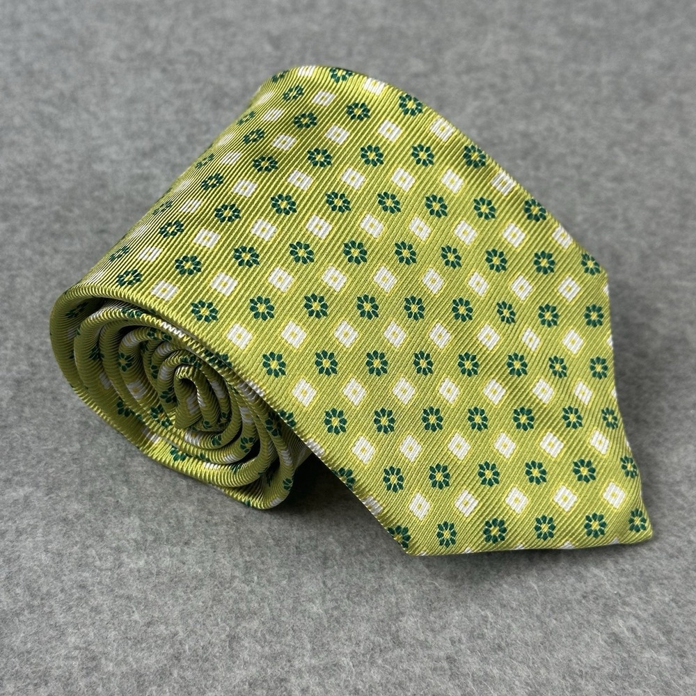 Luigi Borrelli Napoli Silk Tie Green Floral Geometric Italy Vintage